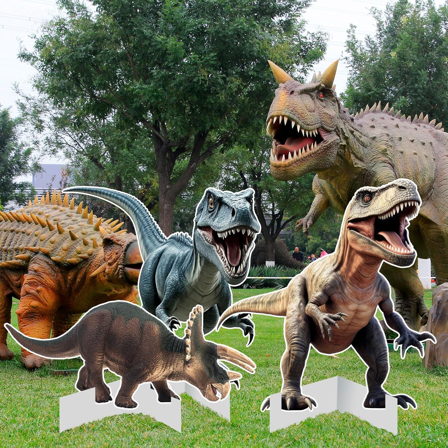 Chunful 3 Pcs Large Dinosaur Themed Decorations T-rex Stegosaurus Velociraptor Cardboard Cutout Standup Dinosaur Birthday Party Decorations Photo Backdrop for Jurassic Theme Jungle Safari Party Supply