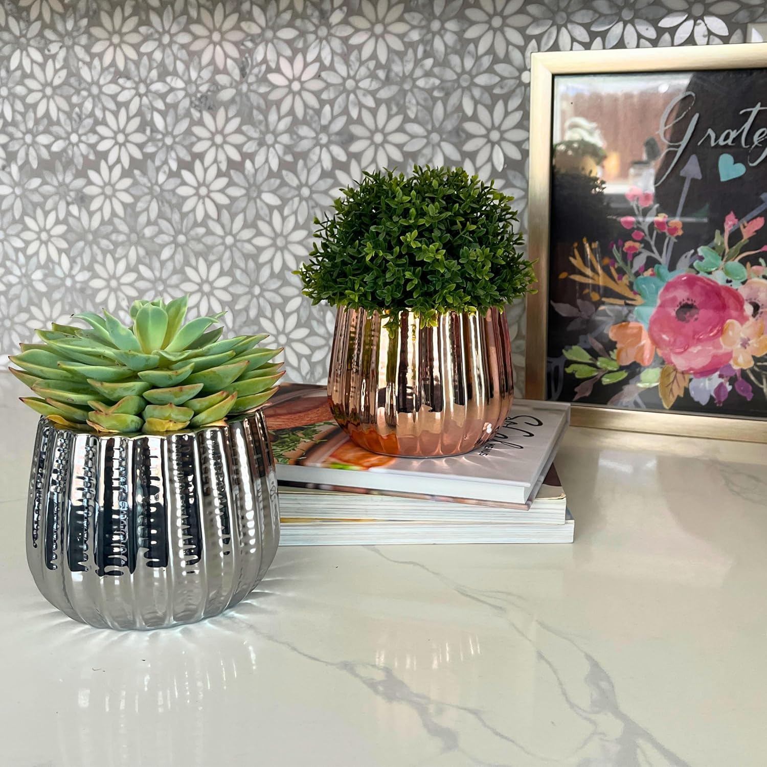 Admired by Nature 4" Ceramic Flower Planter Pot Decorative Planter for Indoor Plant Succulent Home Décor, Lightweight, Chrome