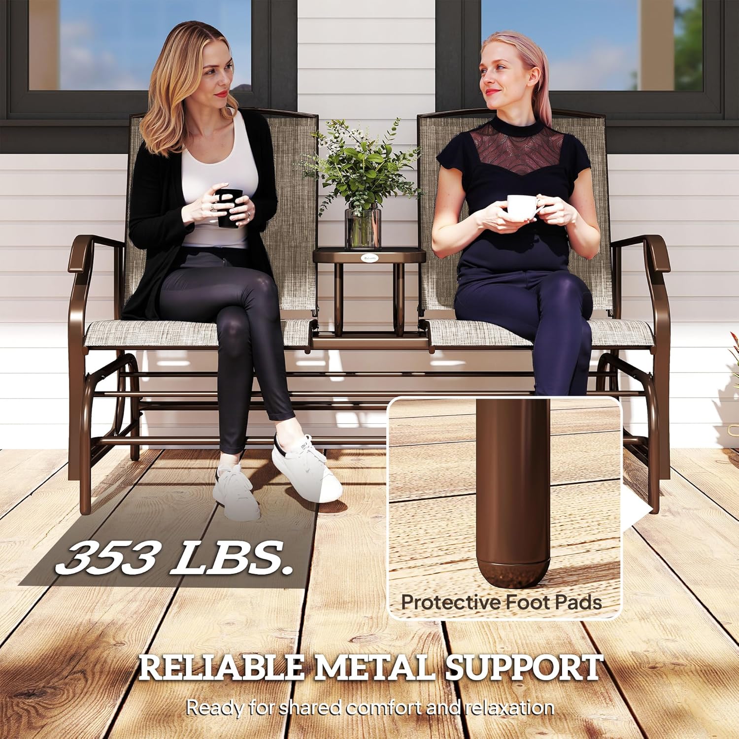 Outsunny Outdoor Glider Bench with Center Table, Metal Frame Patio Loveseat with Breathable Mesh Fabric and Armrests for Backyard Garden Porch, Brown