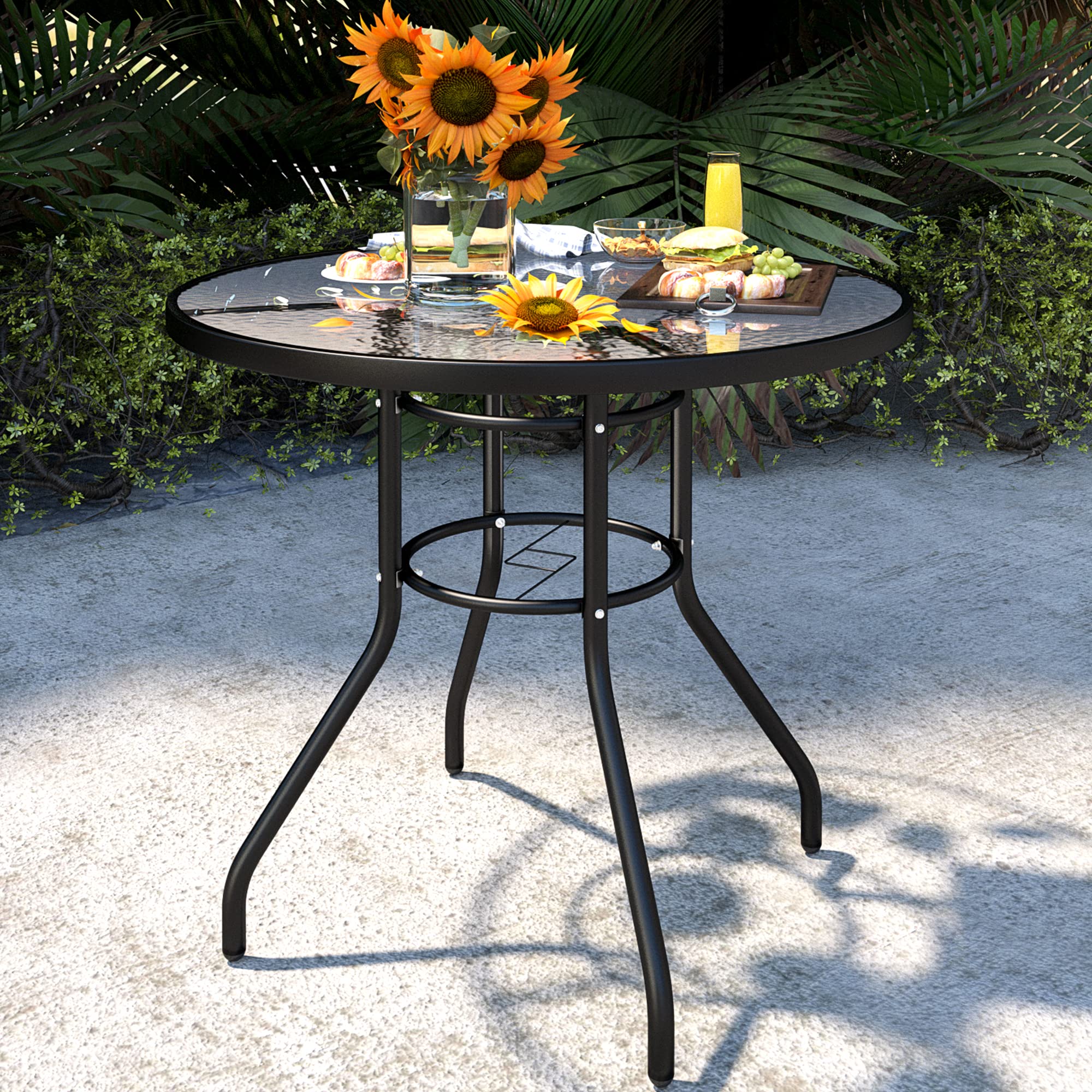Amazon.com : JINLLY 32 Inch Patio Table with Umbrella Hole, Round Glass Patio  Table, Outdoor Bistro Dining Tables with Tempered Glass Tabletop and Metal  Frame for Outside, Garden, Balcony : Patio, Lawn