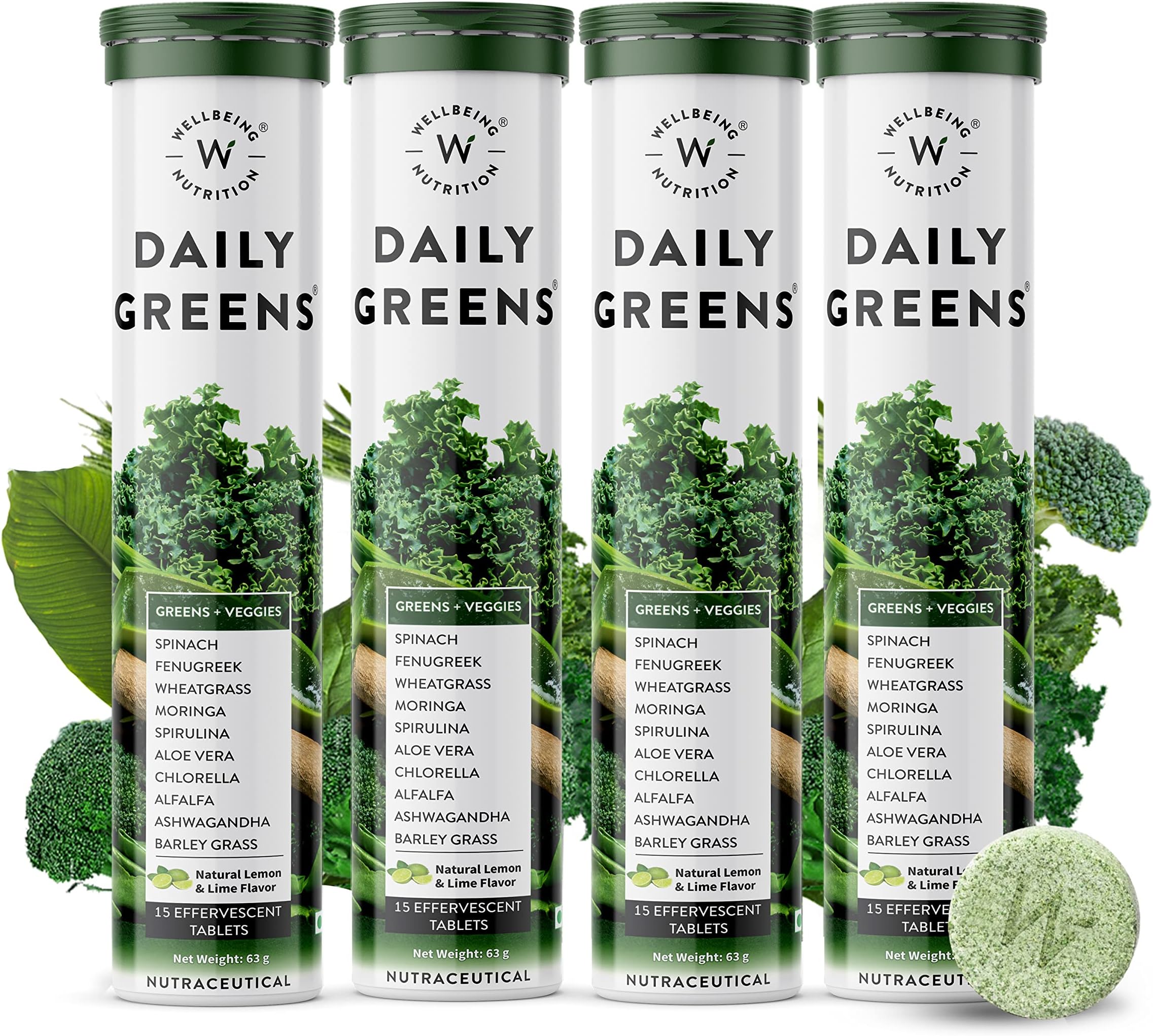 WELLBEING NUTRITION Daily Greens, Wholefood Multivitamin with Vitamin C, Zinc, B6, B12 for Immunity and Detox with 39+ Organic Certified Plant Superfoods & Antioxidants(15 Effervescent Tab) Pack of 4