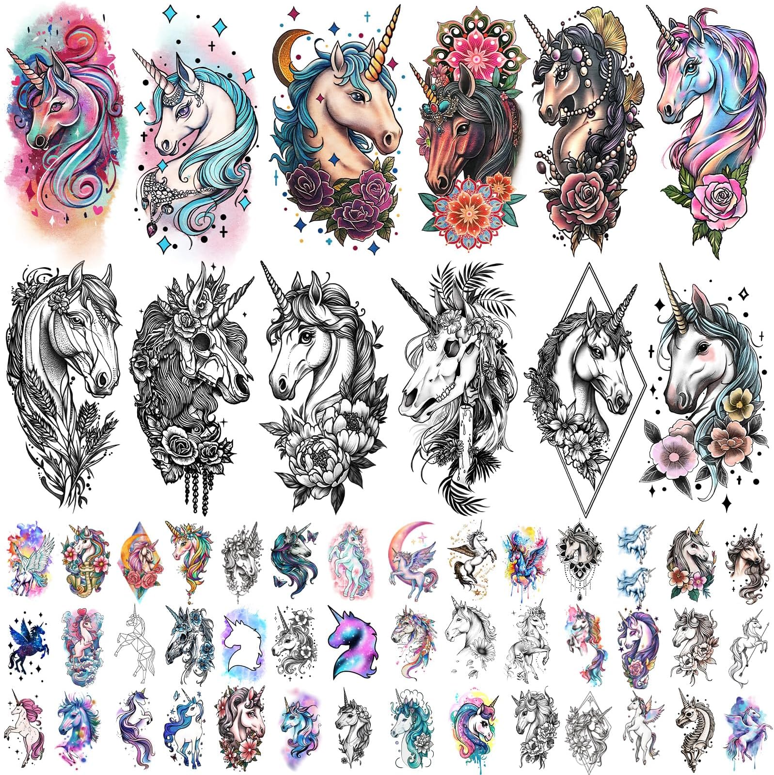 77 Sheets Unicorn Temporary Tattoo Adult Women Girls Half Arm Sleeve Realistic Fake Tattoos Halloween Wedding Costume Birthday Party Favors Decorations