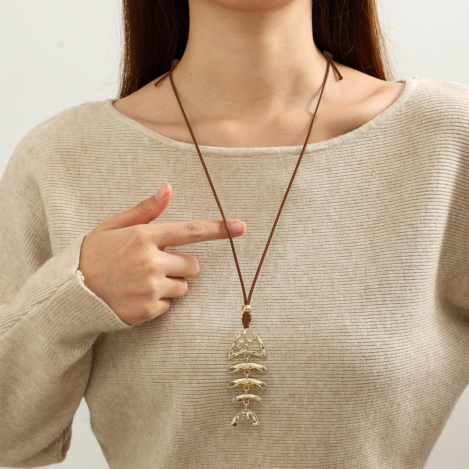 Gold Plated Chunky Pendant Long Necklace For Women, 3 Pendant Styles - Fish Bone, Crescent & Heart, Adjustable Length Wax Cord Sweater Chain Fashion Jewelry Gifts