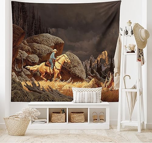 Miniatura 2 de Ambesonne Tapiz occidental, paisaje de montaña roca, vaquero, equitación, estilo Northmeric, para colgar en la pared de dormitorio, sala de estar,