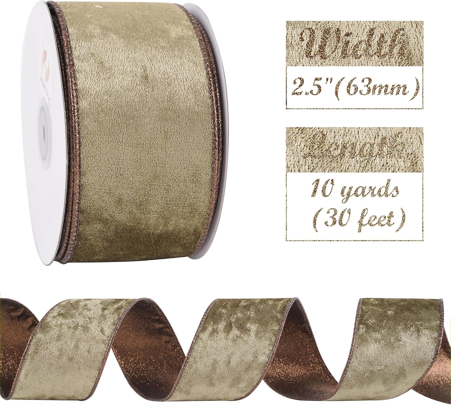 HUIHUANG Brown Velvet Wired Ribbon 2.5 inch Velvet with Glitter Copper Brown Christmas Ribbon for Tree Decorations, Bows, Wreath, Garland, Gift Wrapping, Fall Decor- Continuous 10 Yards