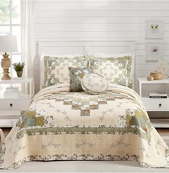 Modern Heirloom Olivia Embroidered Quilted Bedspread - Lightweight Breathable All Seasons Bedding, Queen, Green/Cream