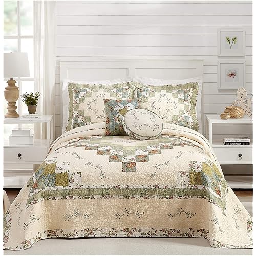 Olivia Embroidered Quilted Bedspread - Lightweight Breathable All Seasons Bedding, King, Green/Cream