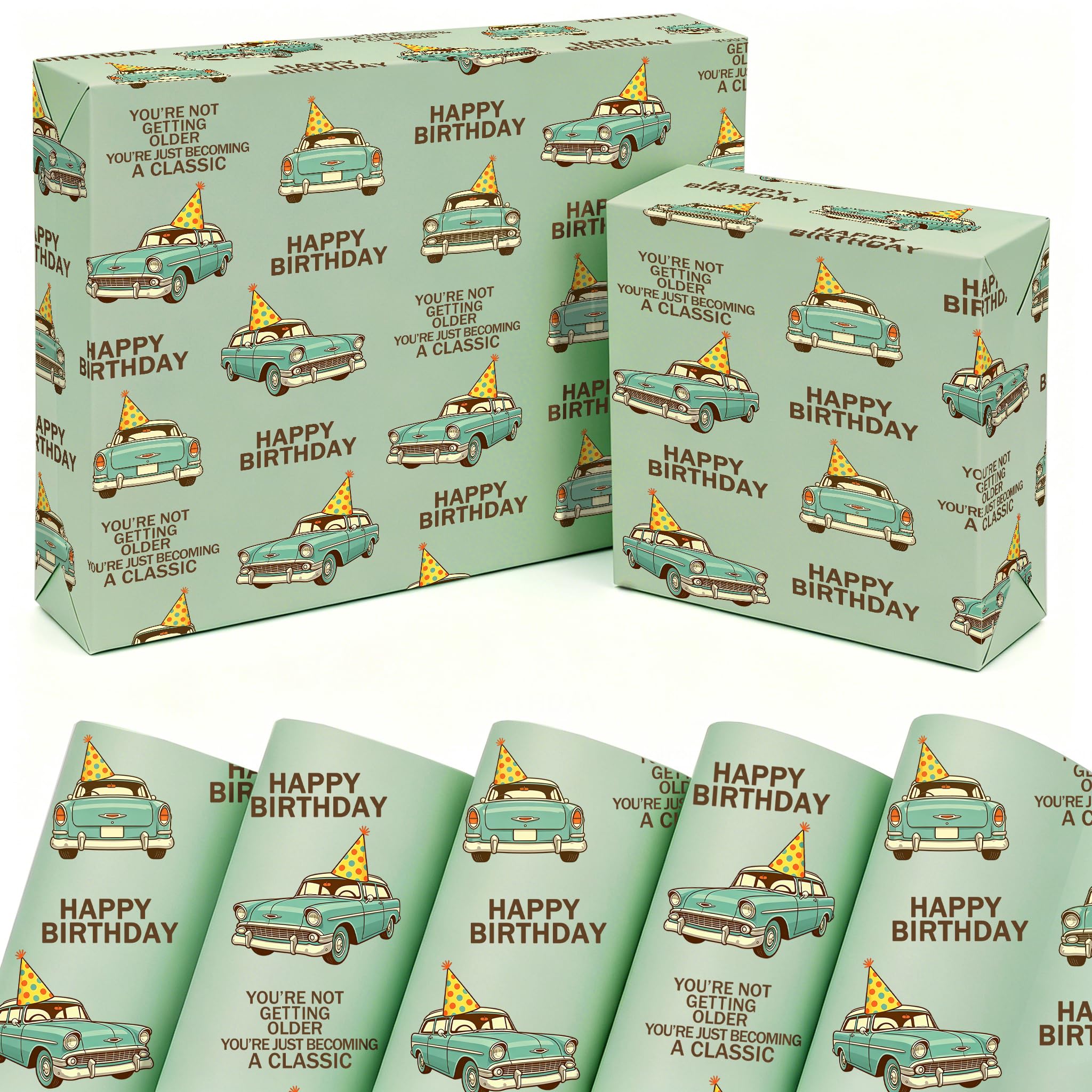 Birthday Wrapping Paper,5 Sheets 50 * 70cm Gift Wrap with Car for Men Boys