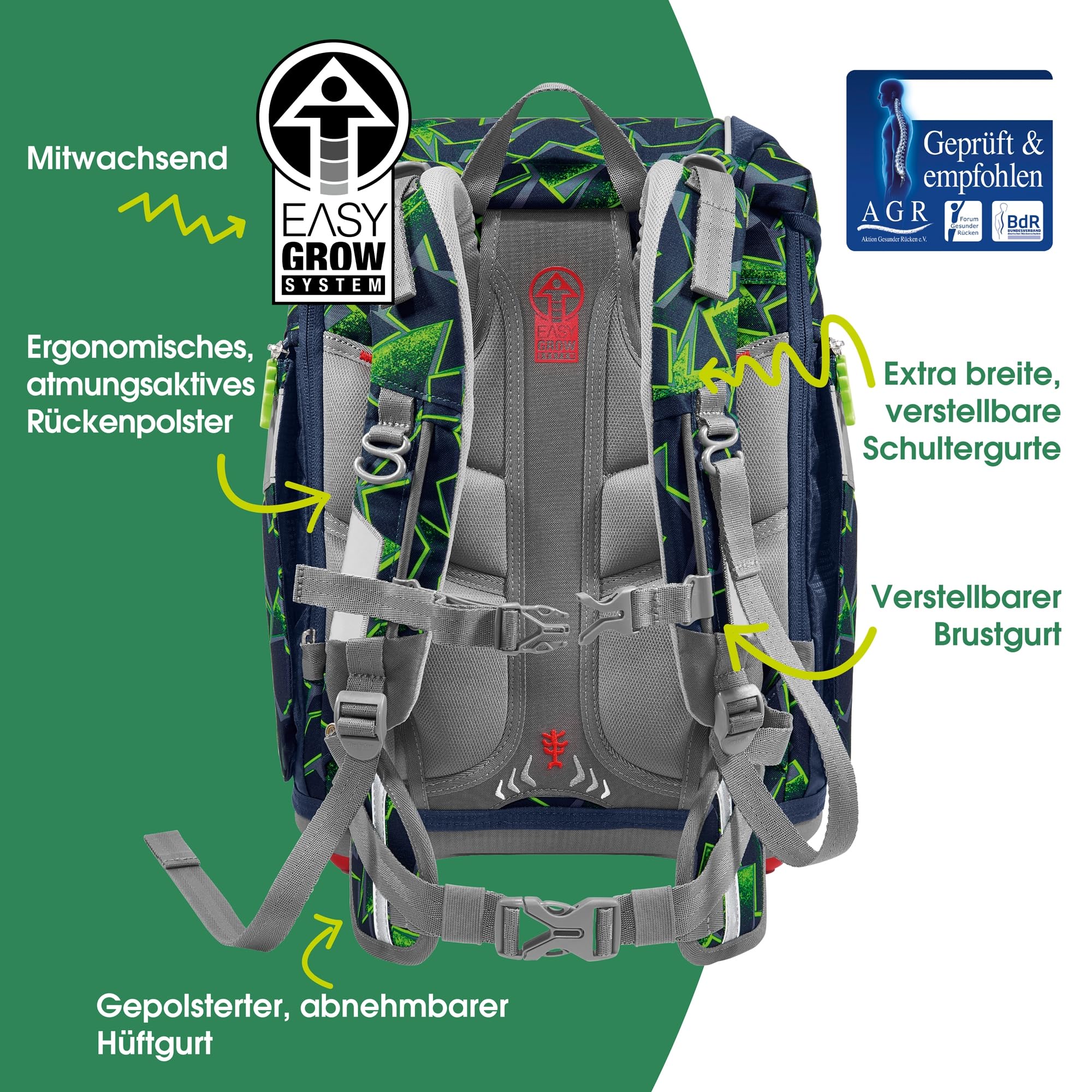 Step by Step Schulranzen-Set 2IN1 Plus „Wild T-Rex Taro“ 6-teilig, ergonomischer Tornister, höhenverstellbar mit Hüftgurt, für die Grundschule, ab der 1. Klasse, 19L, grün-schwarz, Dino-Design