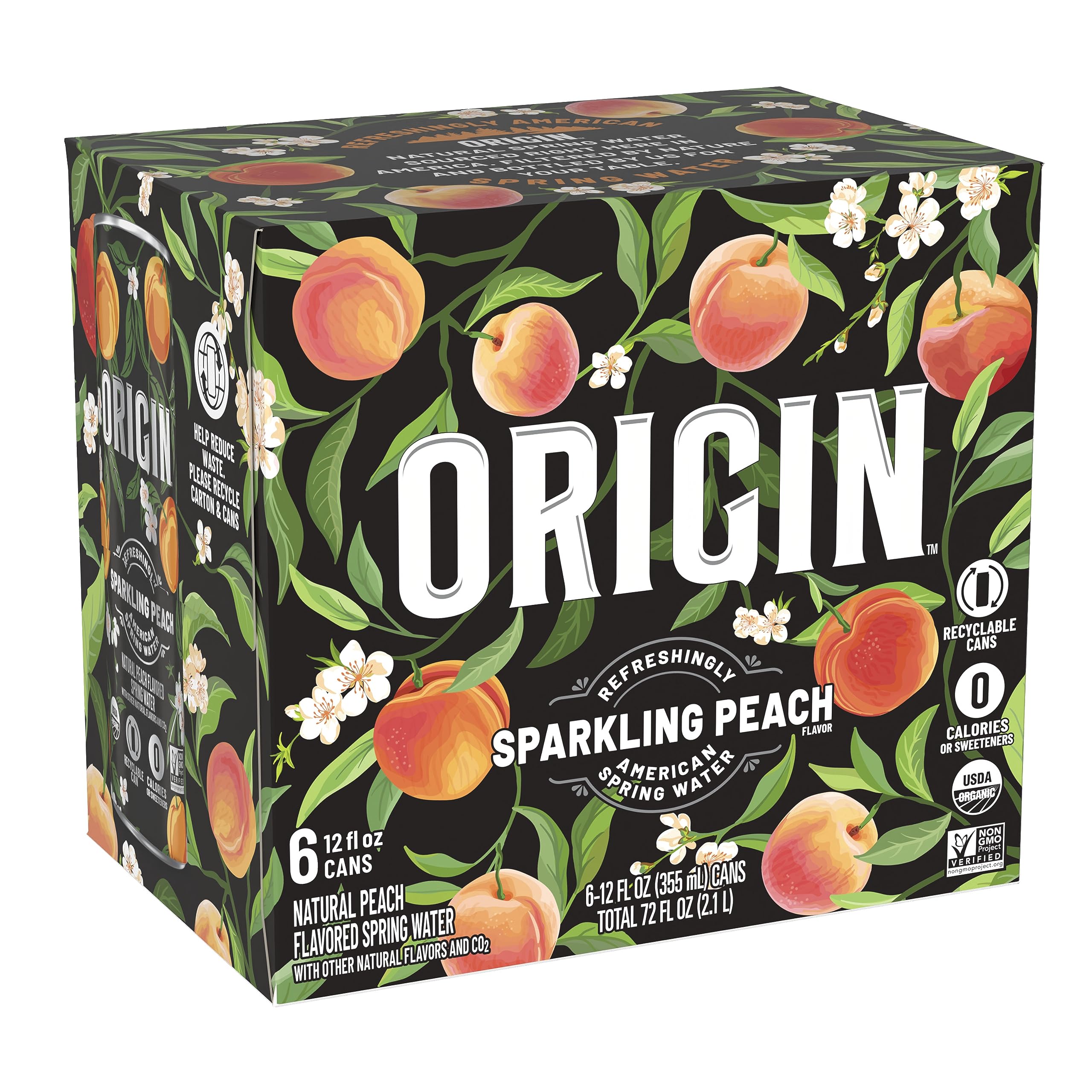 ORIGIN Organic & Non-GMO Peach Flavor Sparkling Water, 12 Fl Oz, Recyclable Aluminum Cans (6 Count) (Pack of 2)