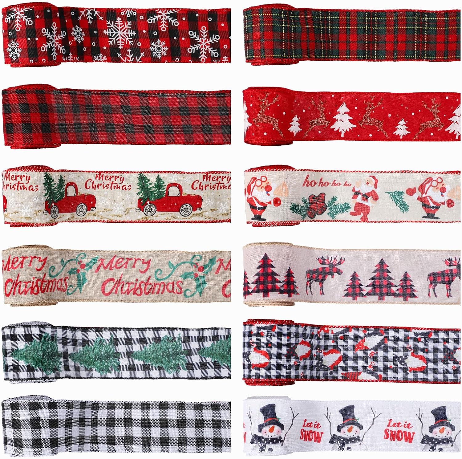 Lyrow 12 Rolls Christmas Ribbon Wired 2.5 Inch 72 Yards Santa Snowman Snowflake Christmas Buffalo Plaid Ribbon for Wreaths Bows Decor DIY Crafts Gift Wrapping