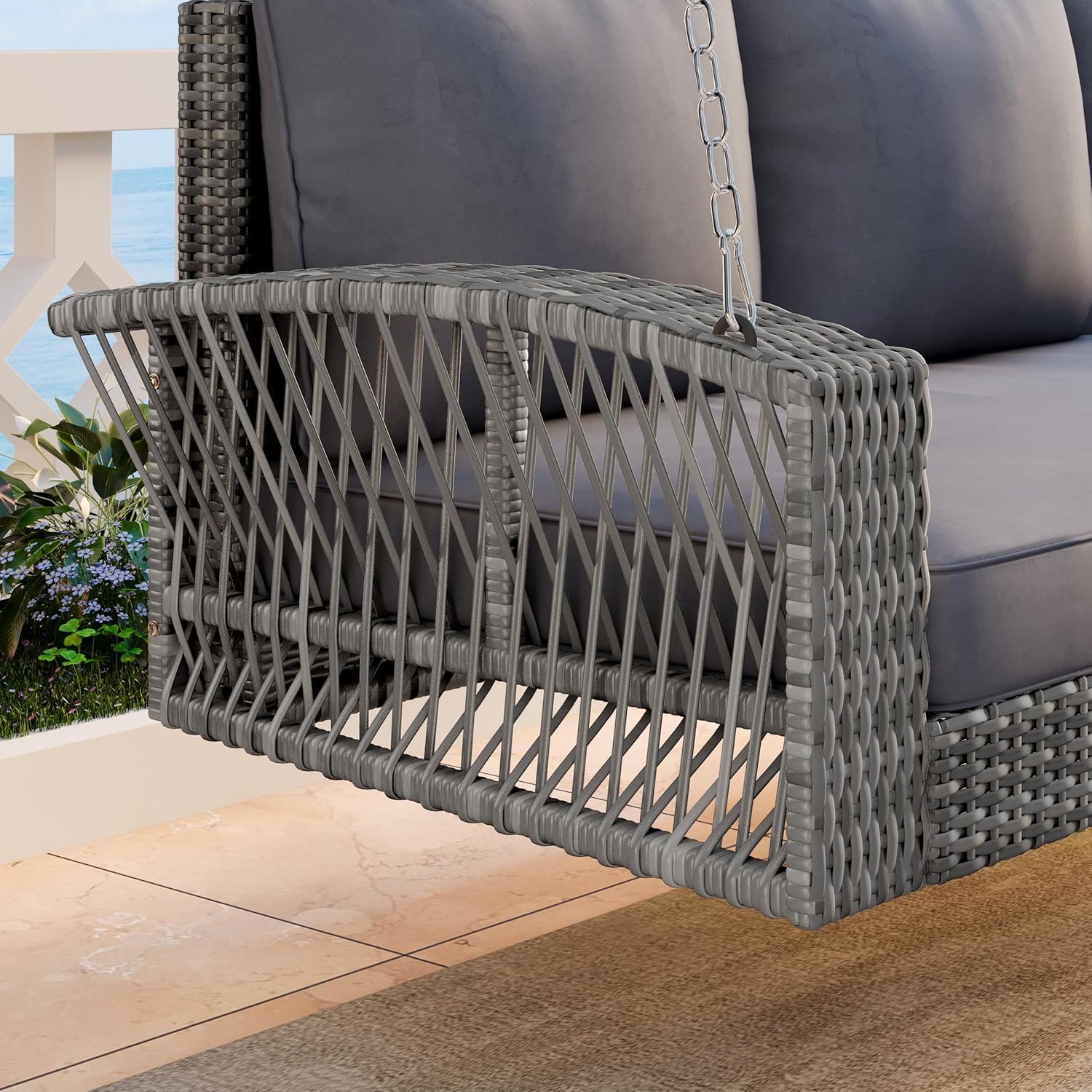 Outdoor 69'' Hanging Porch Swing Loveseat, PE Wicker Rattan Patio Furniture Swing Chair with Adjustable Chains and Thicker Cushions, Large Porch Swing Bench for 3-Person Hanging Seat (Gray)