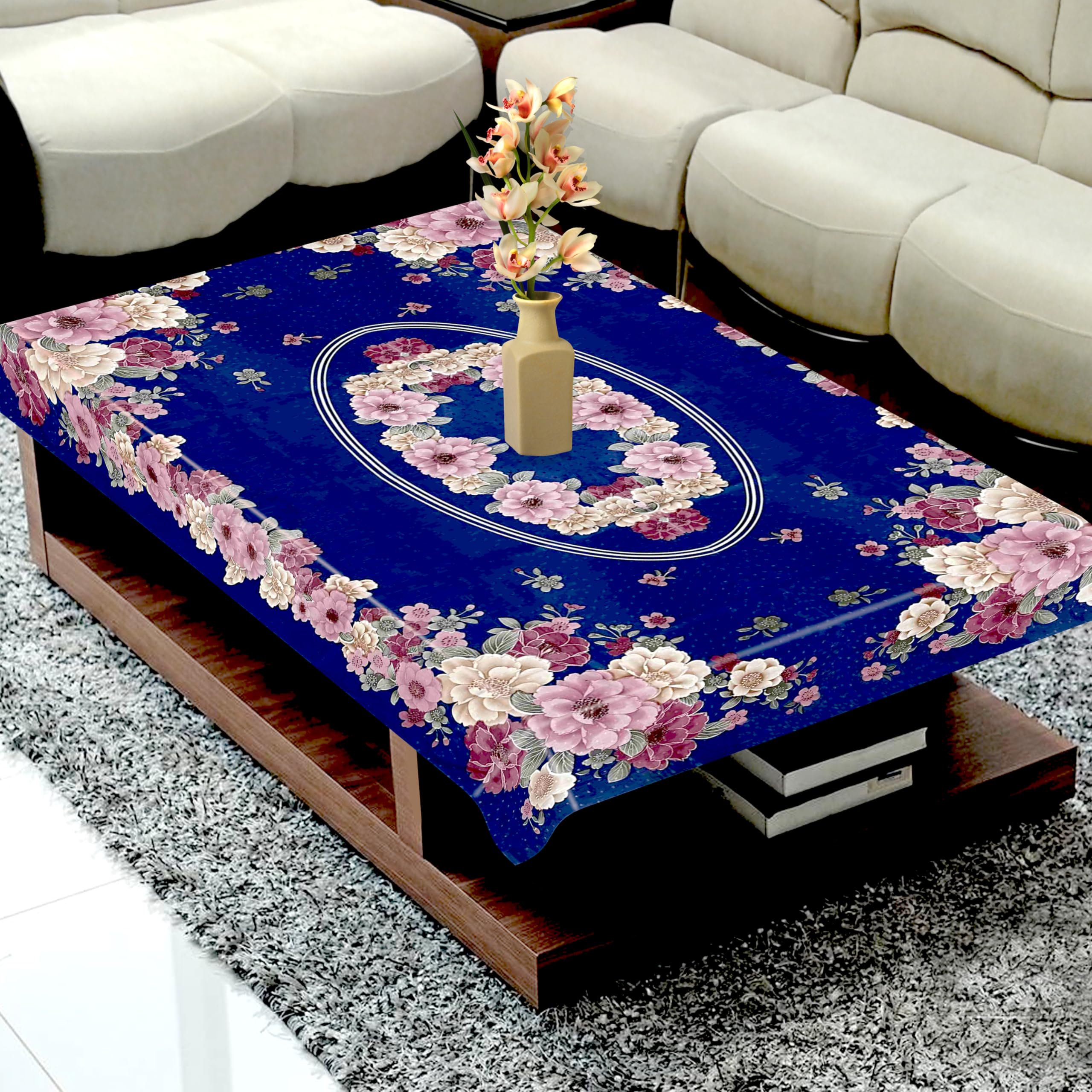 KANUSHI Industries® 100% Waterpoof & Dustproof Plastic Center Table Cover for 4 Seater(40 * 60-inch)(T-Cover-Printed-Flower-Blue)-image-5