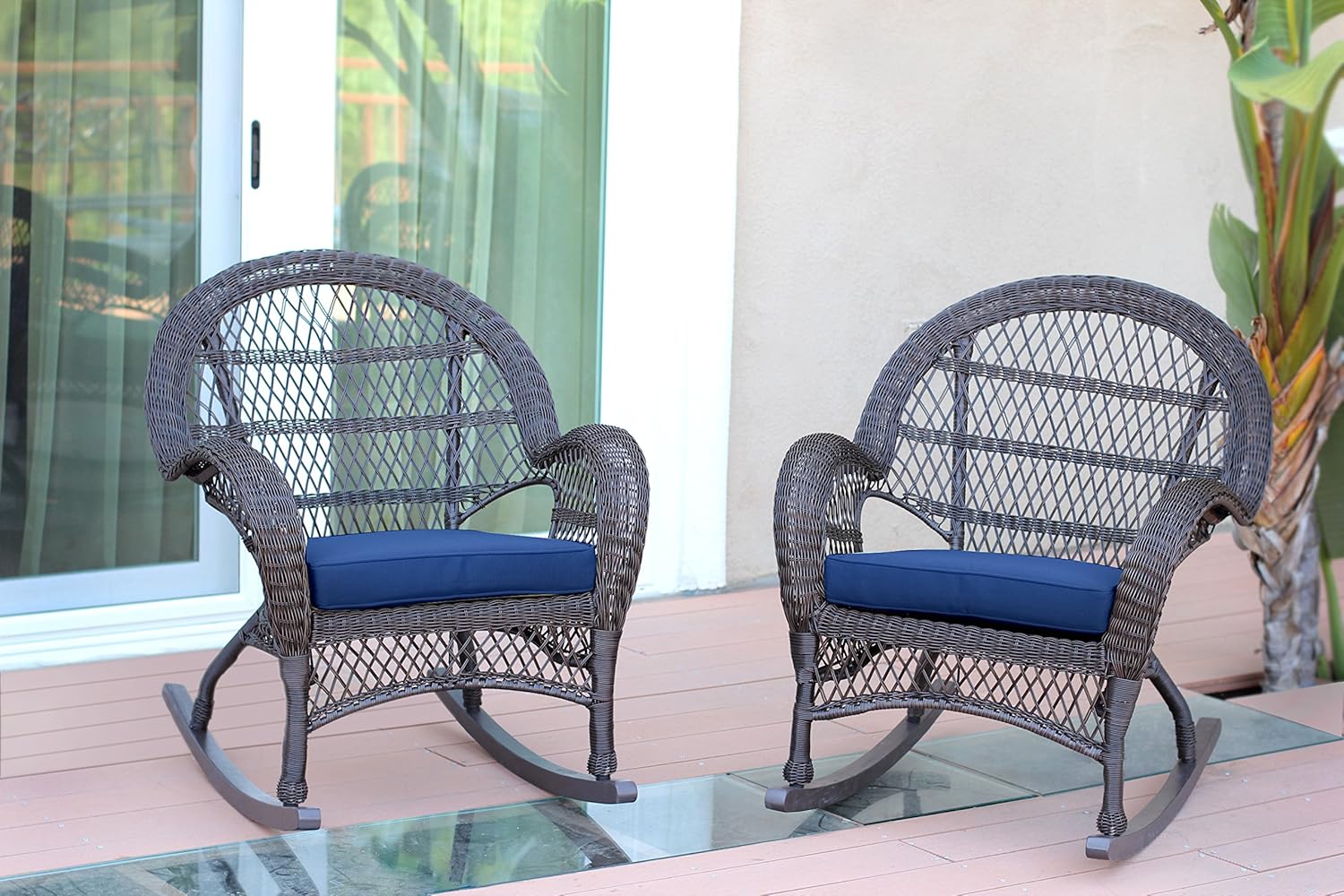 Jeco Wicker Rocker Chair with Blue Cushion, Set of 2, Espresso