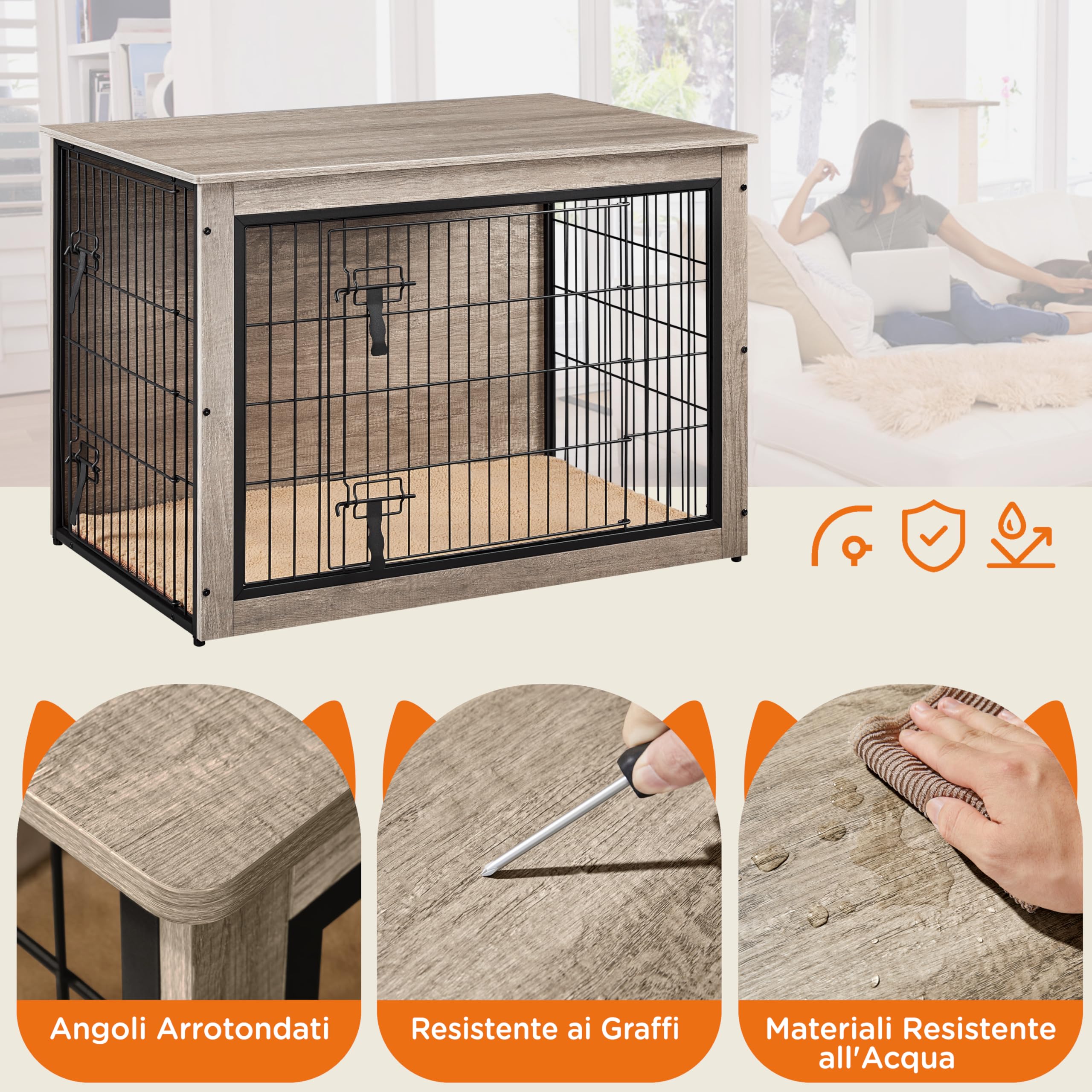 Yaheetech Gabbia per Cani Gatti, Tavolino Armadietto Box Kennel con Doppie Porte, a Rete in Legno, da Interno per Casa, 96 x 65 x 67,5 cm, Grigio