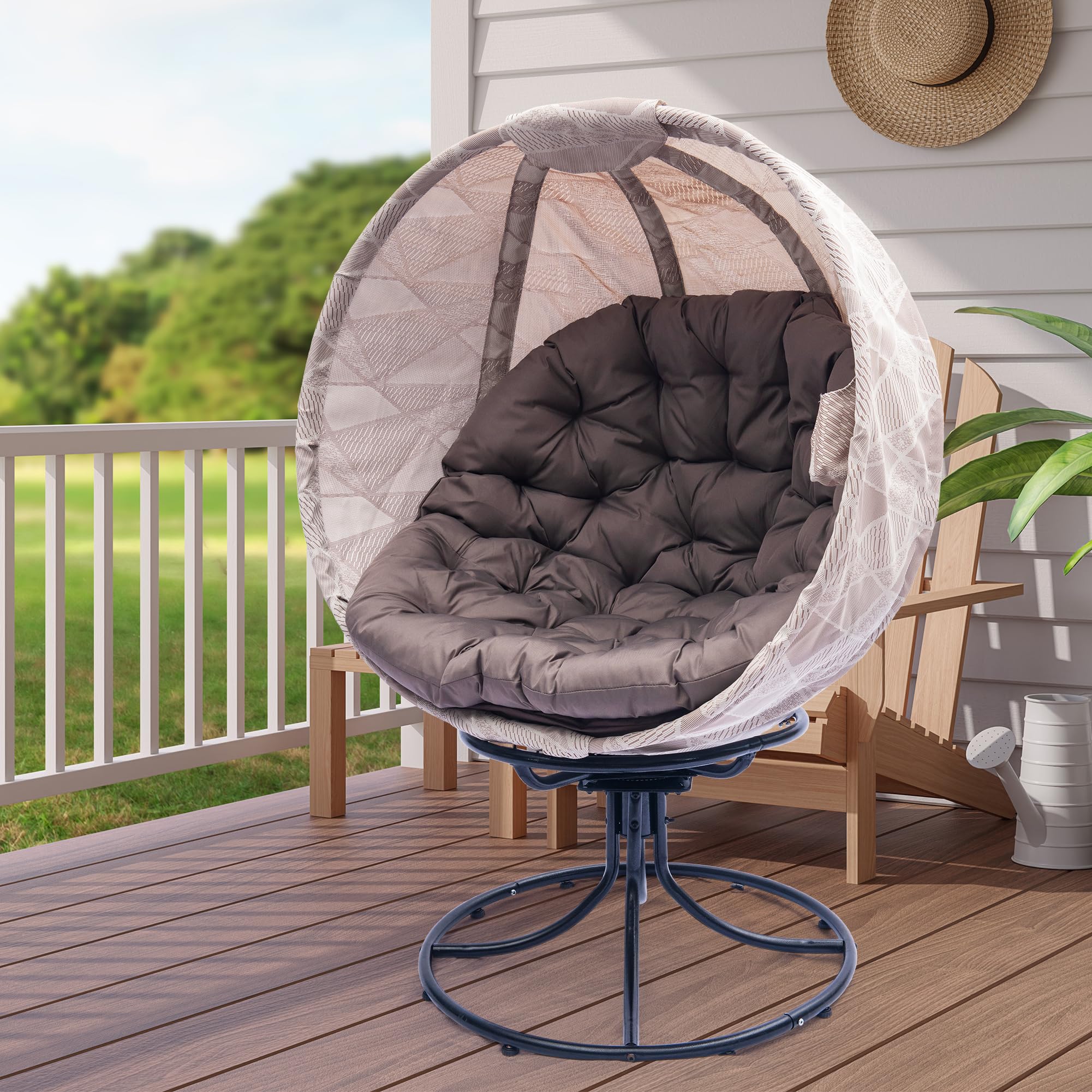 Überdimensionierte Drehstuhl papasansessel, drehsessel klappbarer Korbsitz und Metallrahmen, Indoor Outdoor Lounge Sessel für Balkon, Poolseite, Terrasse und Wohnzimmer (Sandbraun-Weiß)