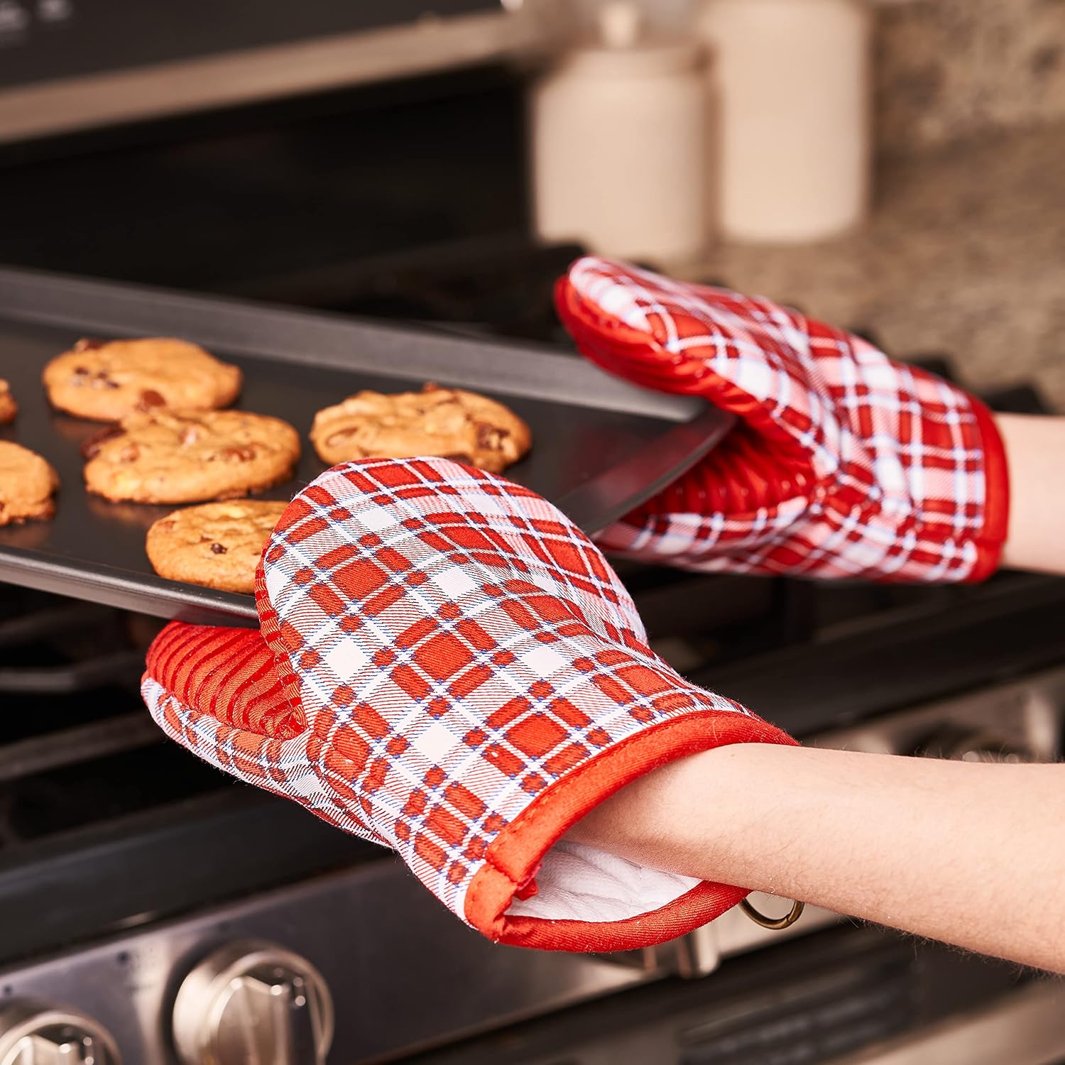 NAUTICA HOME | Kitchen Mini Mitts with Silicone Palm | Heat Resistant up to 500 Degrees F | Cotton Potholders for Cooking | Set of 2 | Red Plaid