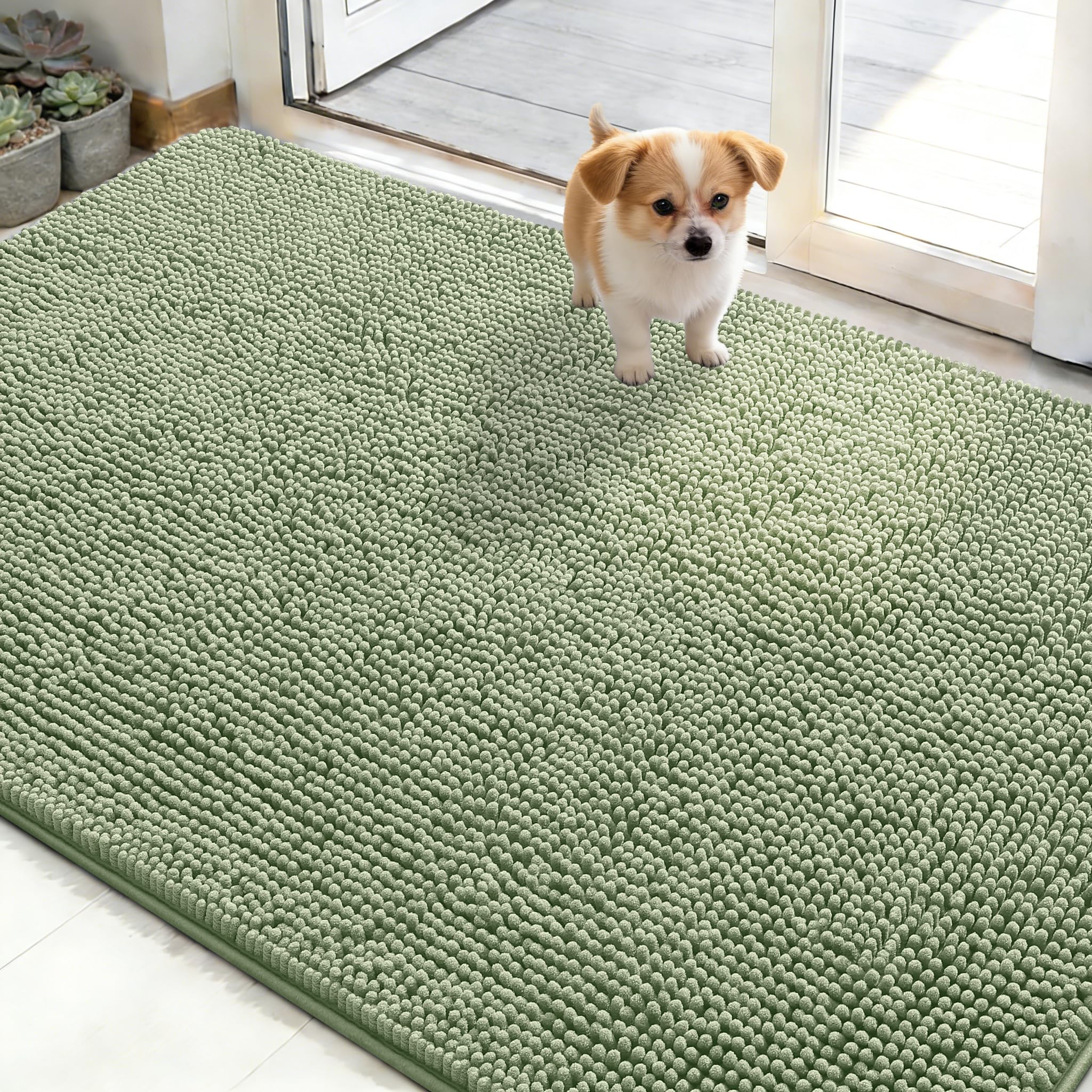 OLANLY Dog Door Mat for Muddy Paws, 48x30 Inches Moisture and Dirt Absorbent Non-Slip Washable Dog Door Mat Quick Dry Chenille Doormat Entrance Mat