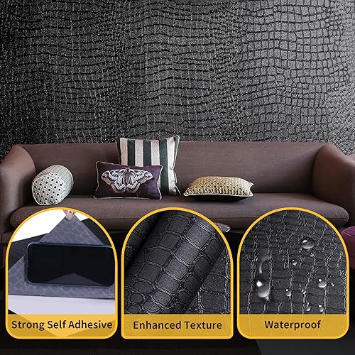 Miniatura 2 de Papel tapiz negro para despegar y pegar, 15.7 x 197 pulgadas, papel tapiz de cocodrilo en relieve, fácil de despegar, autoadhesivo, papel de