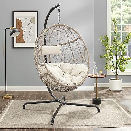 Ulax Furniture Silla colgante de mimbre para exteriores, silla de huevo con soporte para patio, hamaca de ratán con cojín suave y esponjoso