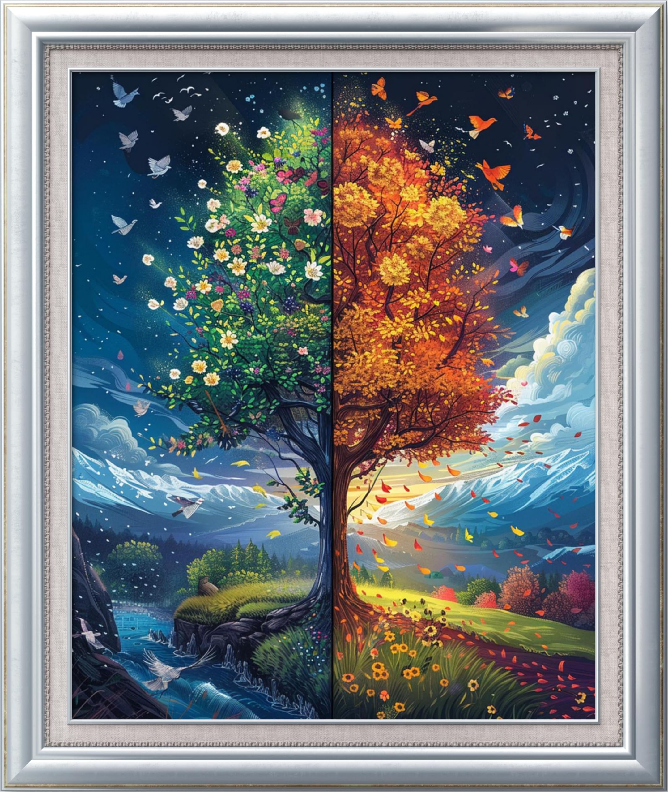 Leczany Cross Stitch Patterns Stamped Kit for Beginners | Embroidery Supplies DIY Craft Kit Needlepoint for Adults Starter | 11CT, 3 Strands | Two Season Tree 15.8x19.7 inches
