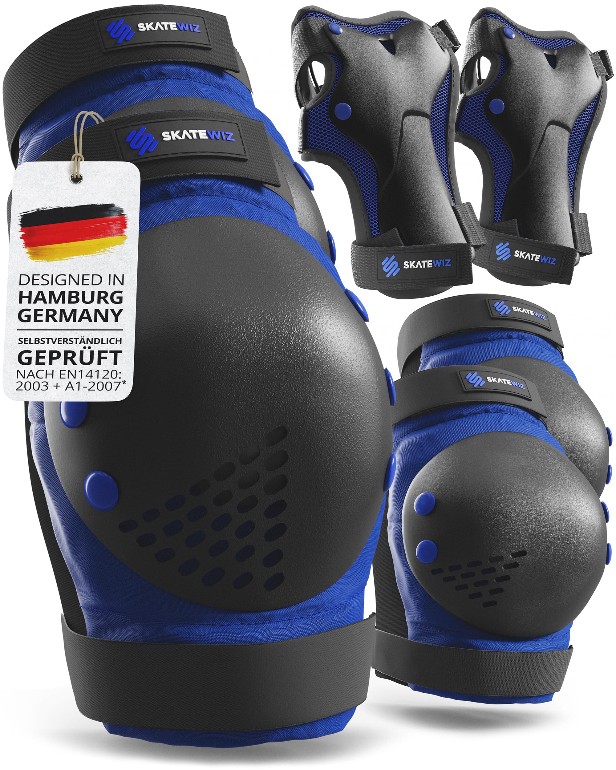 SKATEWIZ Inliner Schoner Kinder und Erwachsene - Protektoren Set 6-teilig - Knieschoner Kinder mit Handgelenkschoner, Knie und Ellenbogenschützer