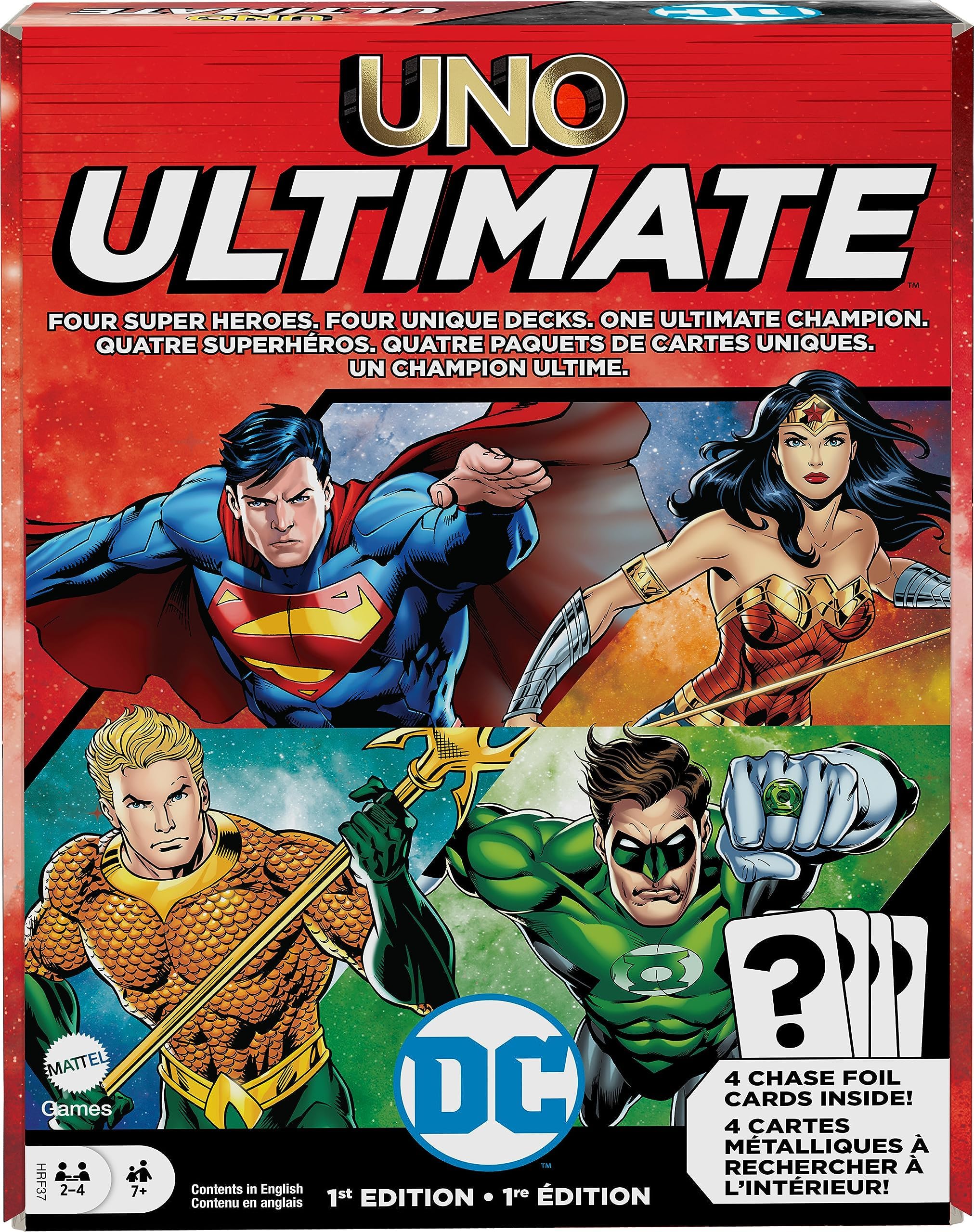 Mattel Games UNO Ultimate DC Card Game for Kids & Adults with 4 Character Decks, 4 Collectible Foil Cards & Special Rules