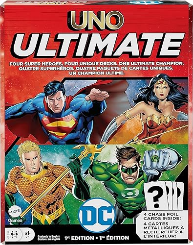 Mattel Games UNO Ultimate DC - Juego de cartas para niños, fanáticos, adultos y noche familiar con 4 barajas de personajes, 4 cartas coleccionables