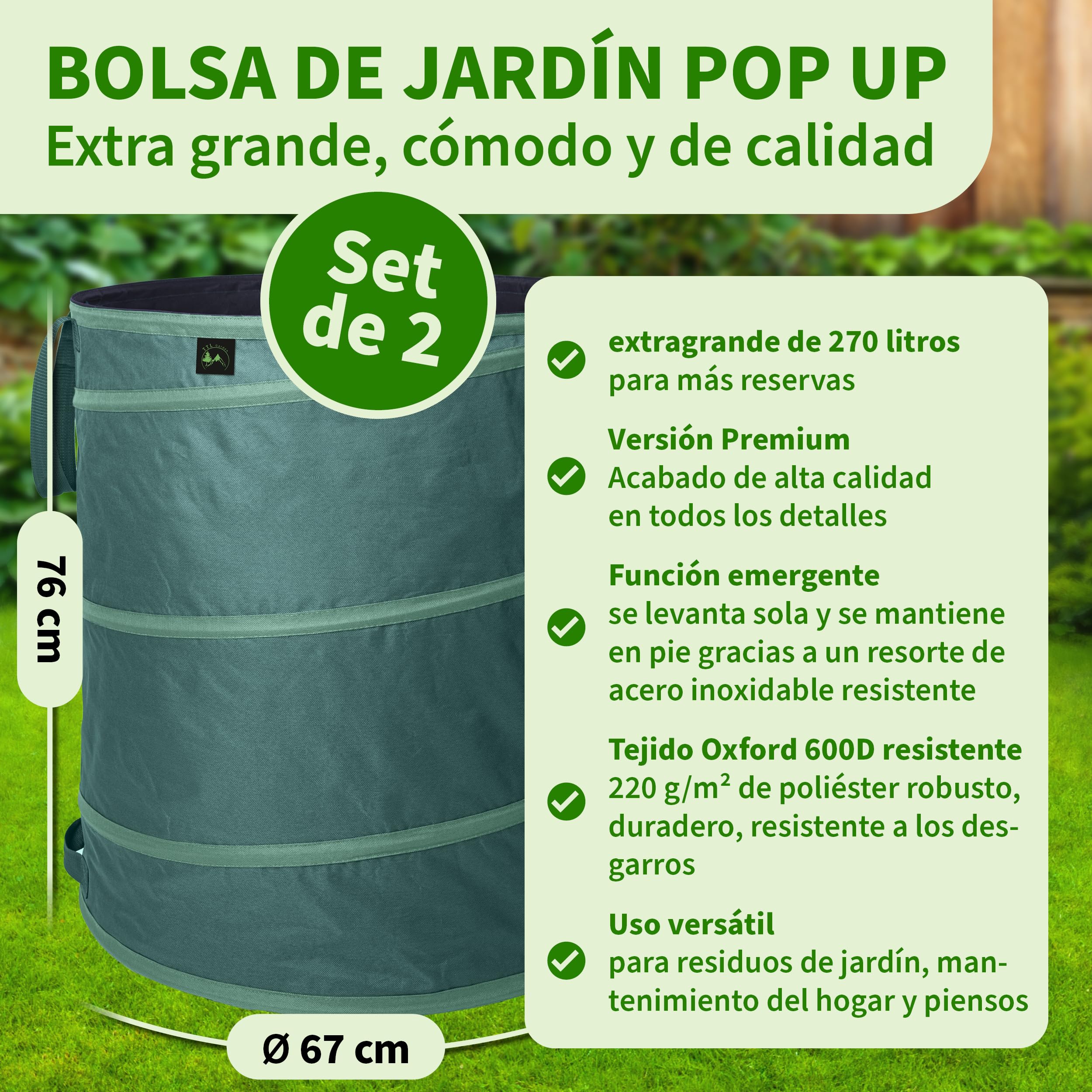 TTL GARDEN 2 bolsas de jardín Pop Up de 270 l, 220 g/m², 600D Oxford, plegables