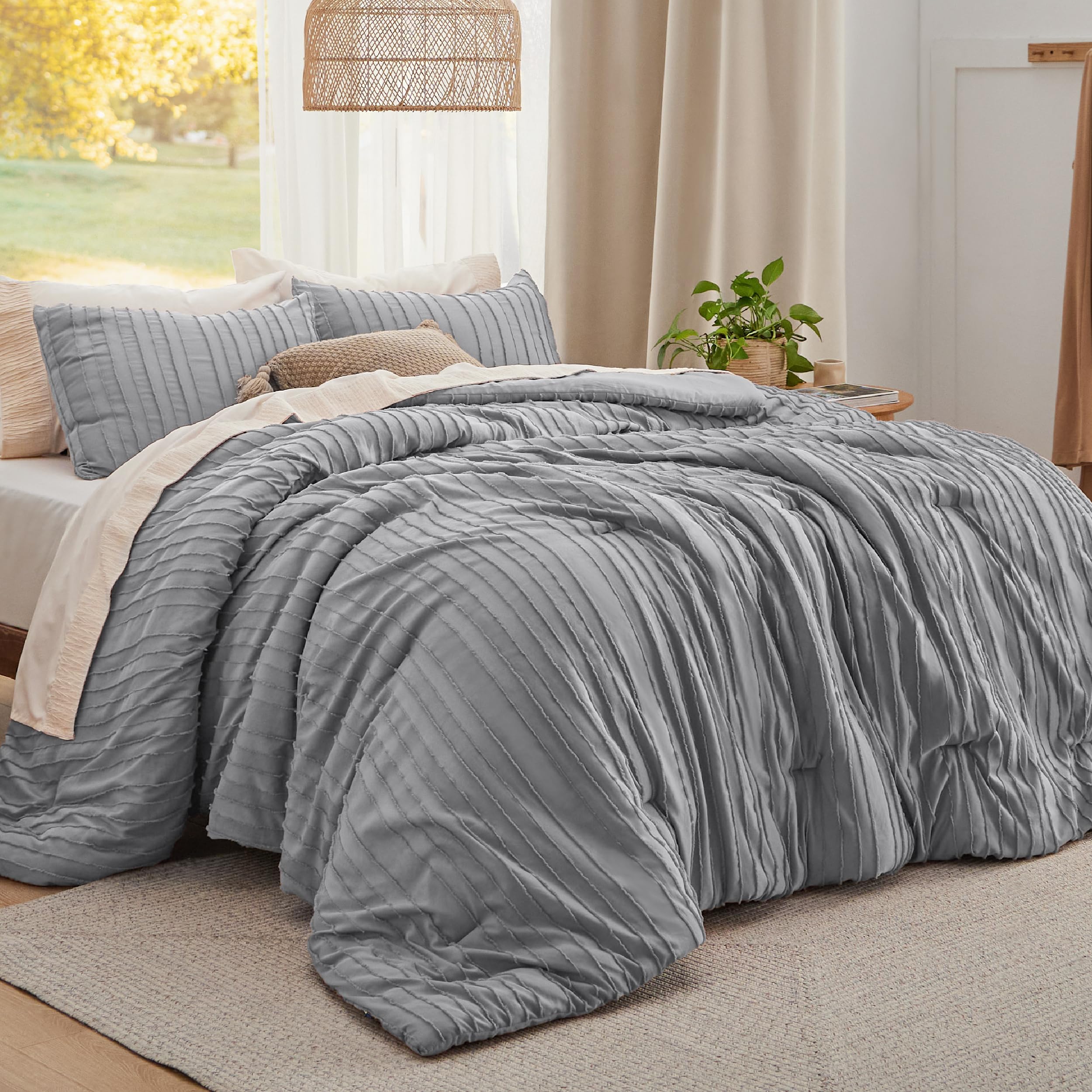 Bedsure Boho Comforter Set Queen - Grey Tufted Bedding Comforter Set, 3 Pieces Farmhouse Shabby Chic Embroidery Bed Set, Striped Pattern Comforter for All Seasons
