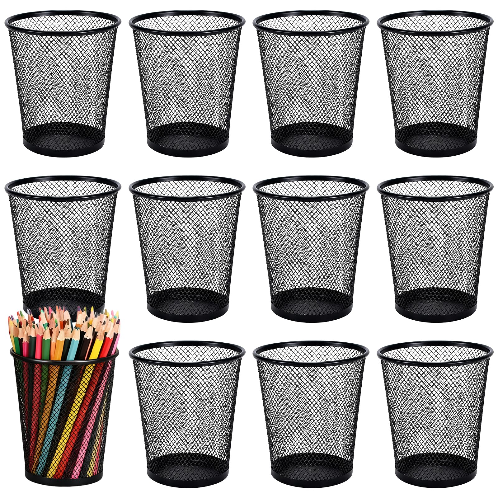 Yeqqzq 12 Pack Metal Pen Holder Mesh Pencil Holder, Black Pen Holder Cup for Desk, Black Wire Mesh Pencil Cup Holder for Desk Office Pen Organizer