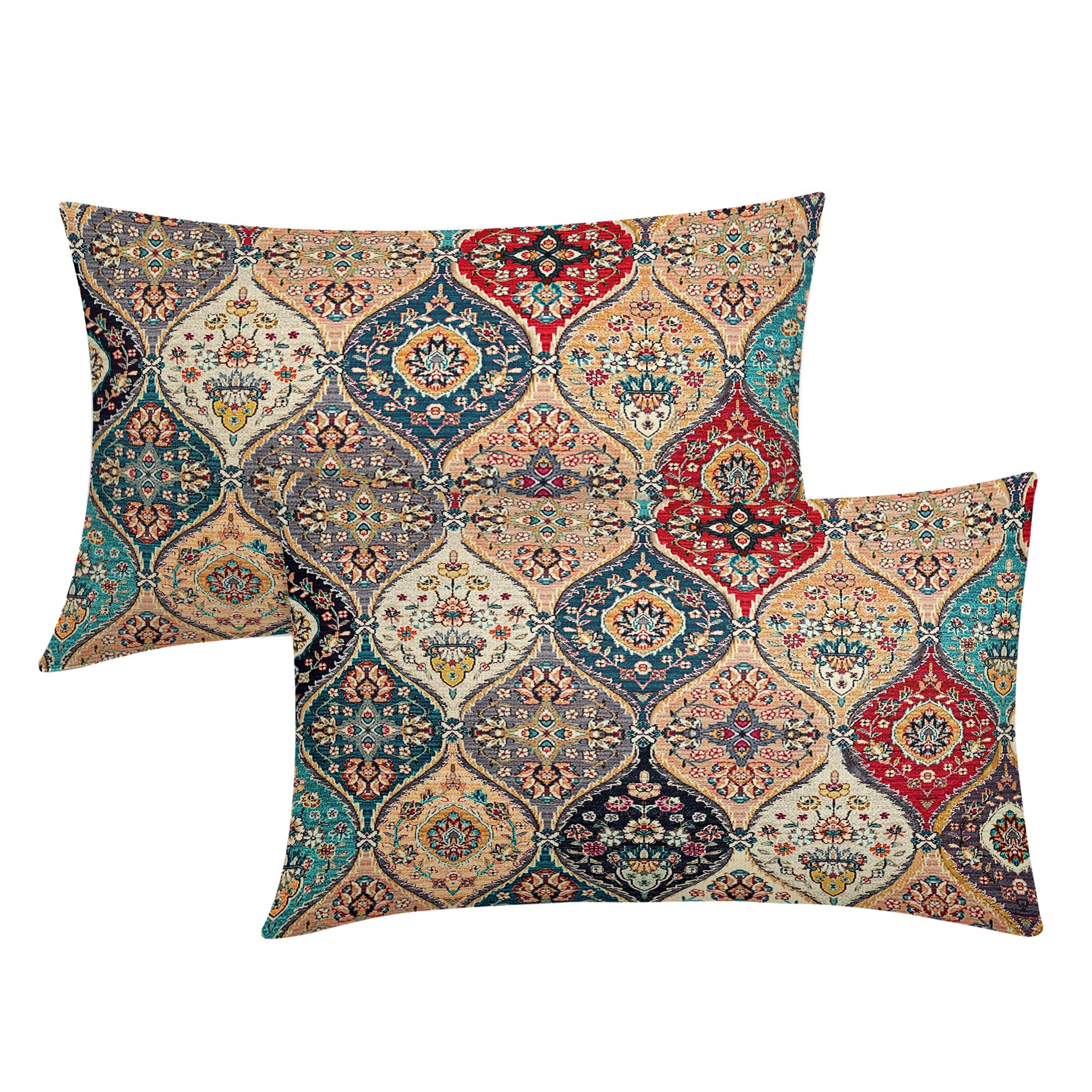 Teal Red Burgundy Orange Vintage Bohemian Lumbar Pillow Covers 12X20 Inch Boho Flower Rug Print Oriental Carpet Pillow Cases Set 2 Antique Tapestry Rustic Retro Throw Pillows For Cushion Couch Outdoor — image 1
