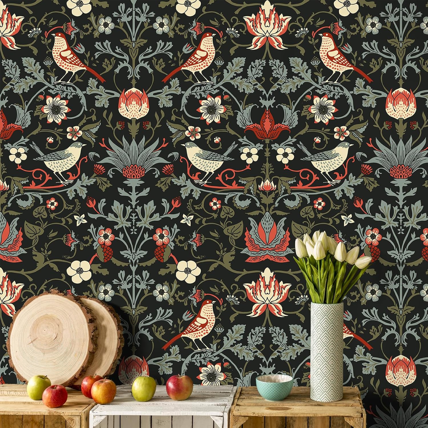 VEELIKE 17.7''x354'' Vintage Birds Berries William Morris Wallpaper Peel and Stick Retro Floral Wallpaper for Bedroom Bathroom Removable Prepasted Bird Wall Paper Self Adhesive Art Deco Contact Paper