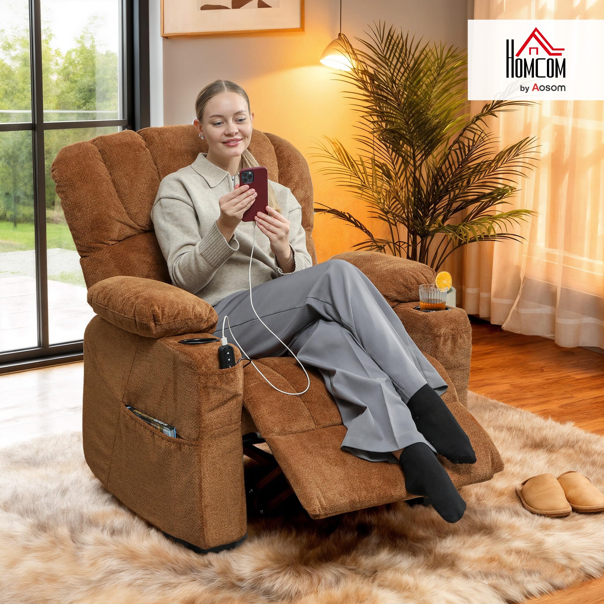 HOMCOM Sillón Relax Reclinable Eléctrico, Sillón Reclinable Silencioso de Terciopelo con Función Memoria, Reposapiés, Mando a Distancia, Bolsillos, Puerto USB, Portavasos, Respaldo Concha, Marrón