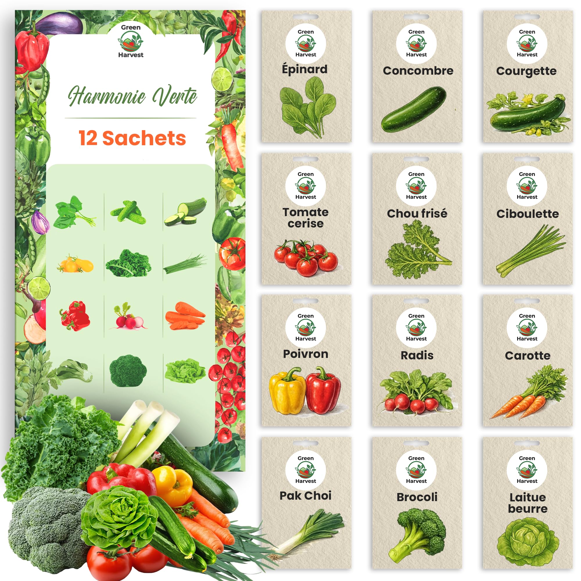 TORAF Kit de Graines de Légumes 12 Variétés – Graine Premium pour Jardin, Balcon et Potager – Tomates, Concombres, Courgettes, Salade, Carottes, Ciboulette – Kit de culture de plantes potagères - 1