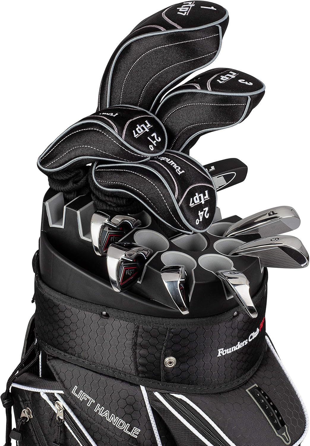 Founders Club RTP7 Men's Golf Club Set with 14 Way Organizer Golf Bag Right Hand Graphite Regular Shafts for Woods and Hybrids Steel Regular Shafts for Irons (Black)