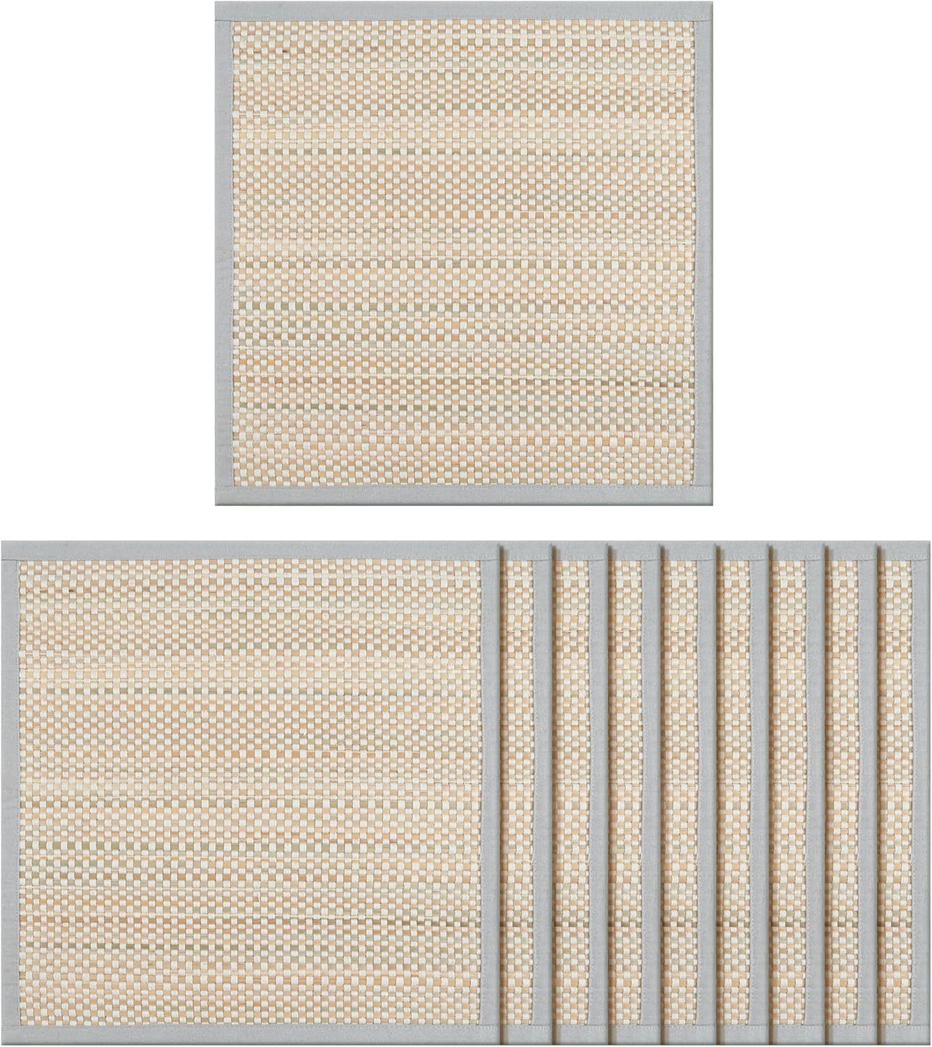 Hausattire Bamboo Placemats for Dining Table Set of 10 Washable 14x14 Inch Square Place Mats Sushi Mats for Kitchen Table Outdoor Parties Easter Farmhouse Boho Decoration - Grey