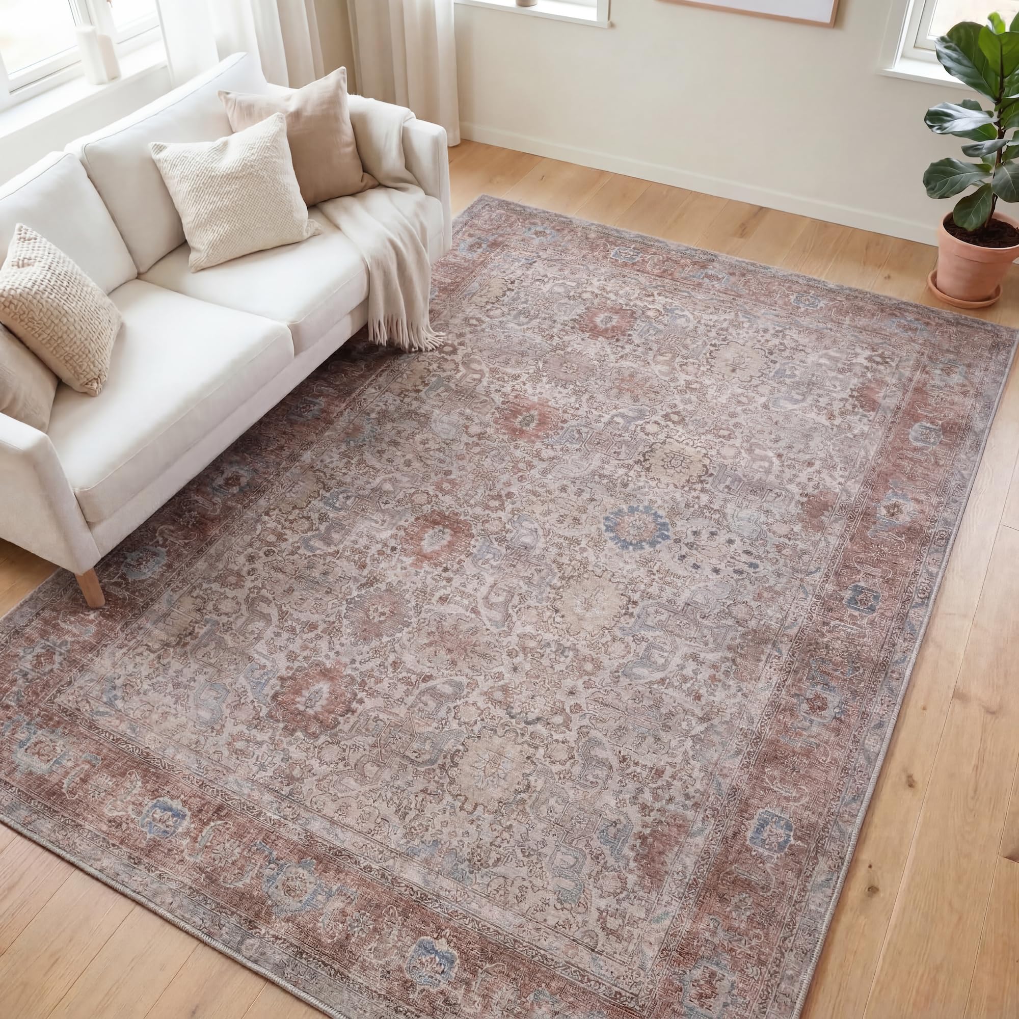 Kuden 6x9 Area Rug, Machine Washable Area Rug with Non-Slip Backing, Vintage Style, Soft, Easy Clean, Low Pile Rug for Living Room, Bedroom, Dining