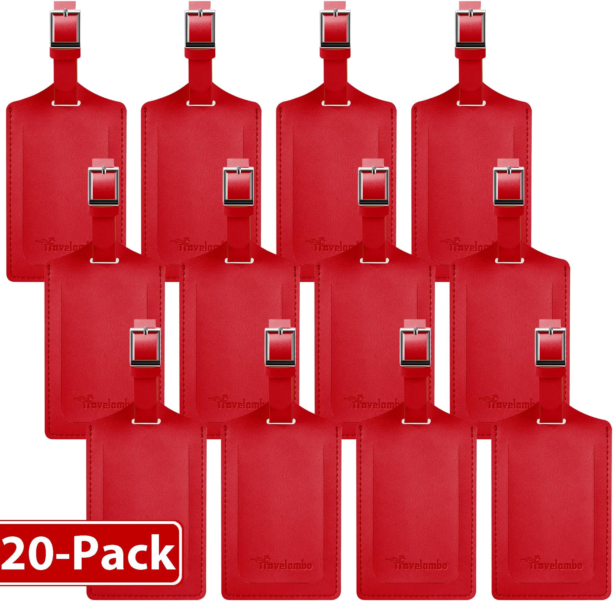 Travelambo 20 Pack Luggage Tags for Suitcases Privacy Protection Bag Tags Faux Leather Travel Accessories Essential, Deep Red
