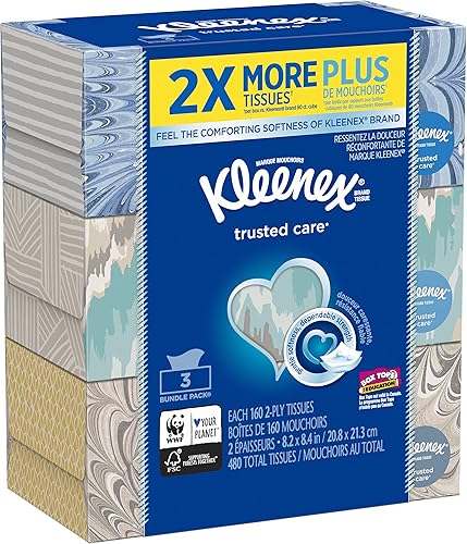 Kleenex Pañuelos faciales para uso diario, 160 pañuelos por caja plana, 3 unidades