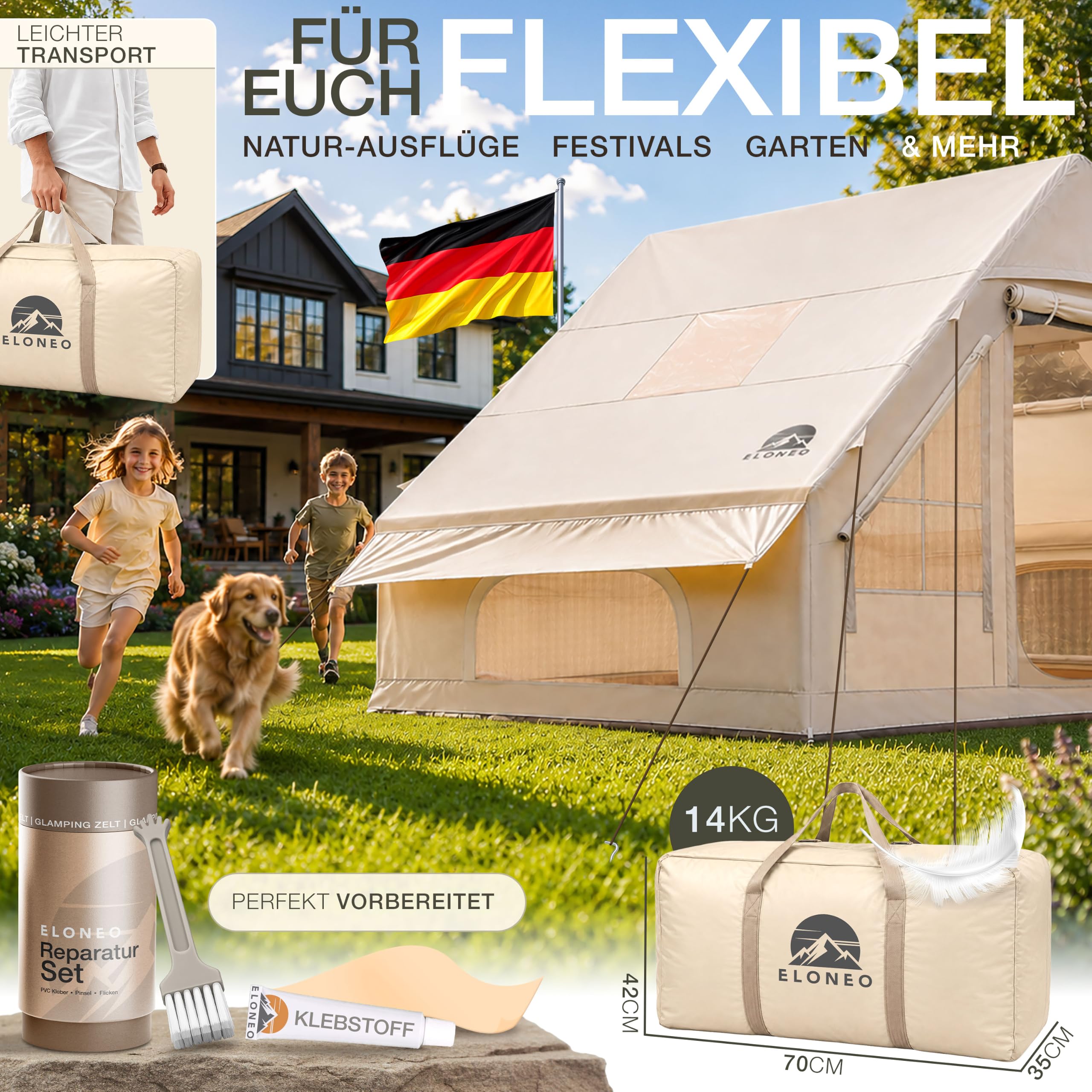 ELONEO namiot dmuchany dla 2/4/6/8 osób z oknem dachowym i pompką, premium namiot glamping wodoodporny, namiot powietrzny, Inflatable Tent, namiot kempingowy, krem
