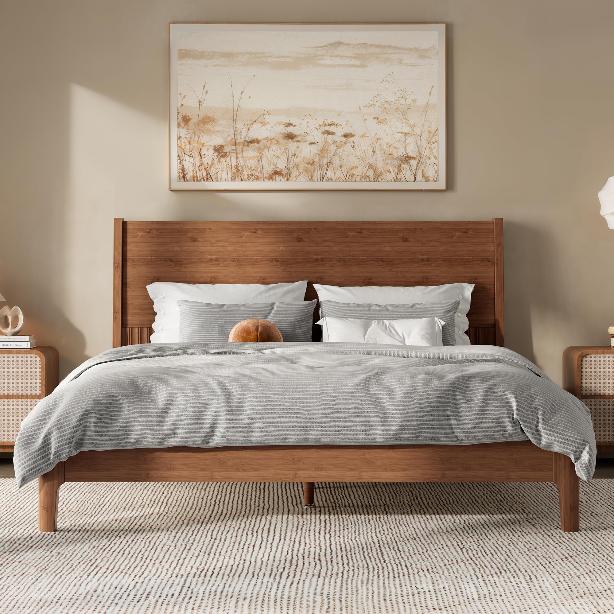 Bellemave Queen Size Bamboo Bed Frame with Headboard,Bamboo Platform Bed Frame Queen Size with Tall Headboard and Wood Slats,Easy Assembly,Warm Brown