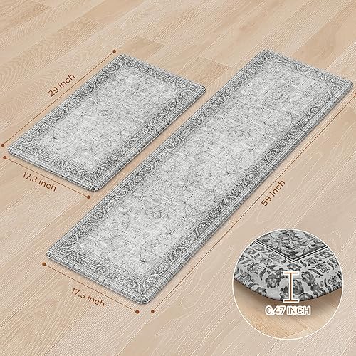 Vista 29 de KIMODE - Juego de 2 tapetes de cocina antifatiga, estilo vintage, antideslizantes, impermeables, ergonómicos, acolchados, cómodos para lavandería