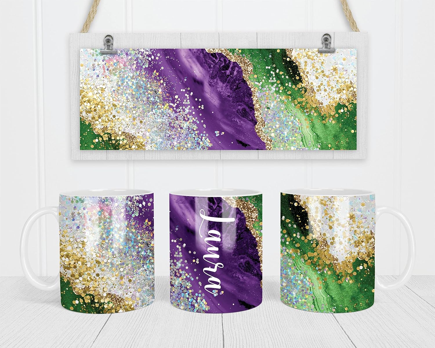 Personalized Mardi Gras 20oz Tumbler | Stainless Steel Insulated Cup | Mardi Gras Purple Green Gold Glitter Effect Marble with Name
