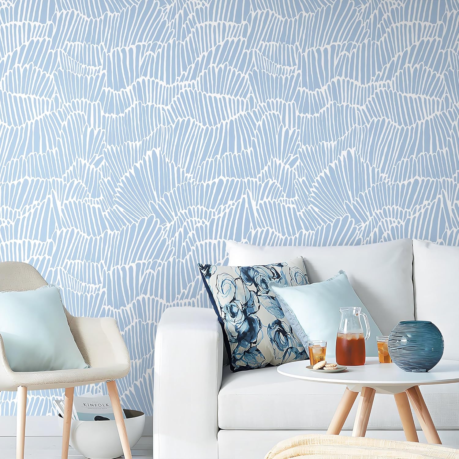 Guvana Blue Wallpaper Peel and Stick Modern Blue and White Contact Paper Coastal Wallpaper Boho Striped Removable Waterproof Wall Paper for Bathroom Laundry Living Room Accent Wall Decor 17.3"×394"