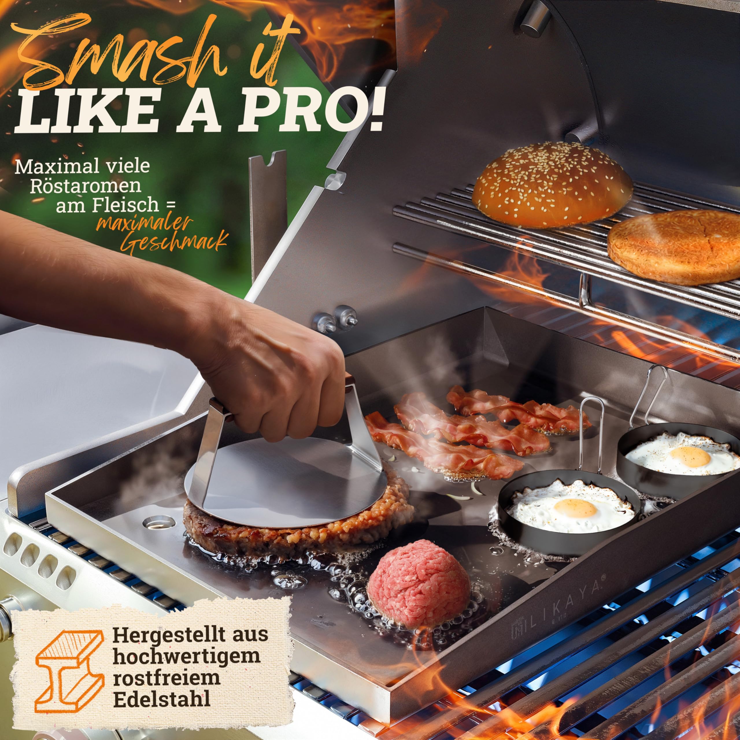 LIKAYA® Smash Burger Master-Set XXL [9-TLG.] Edelstahl mit Akazienholz-Griffen für Plancha, Grillplatte, Gasgrill & Feuerplatte | 1x Smasher, 2X Burgerglocke, 1x Grillspachtel, 1x Grillwender & mehr