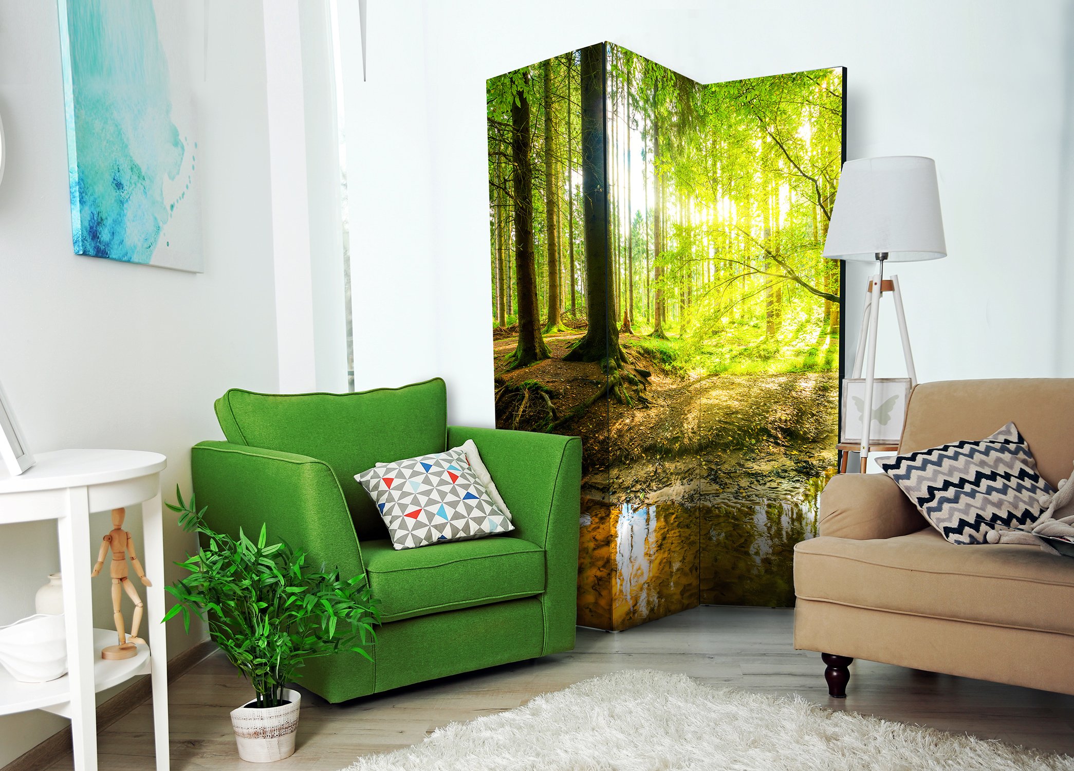 RAUMTEILER/PARAVENT B&D XXL Raumteiler Wald Baum Natur Foto Paravent 135x172 cm beidseitig auf Vlies-Leinwand Bedruckt Trennwand Spanische Wand Sichtschutz Raumtrenner Home Office grün c-B-0183-z-b