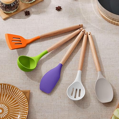 Miniatura 9 de Herogo Juego de utensilios de cocina de 5 piezas, juego de utensilios de cocina de silicona con mango de madera, herramientas de cocina resistentes