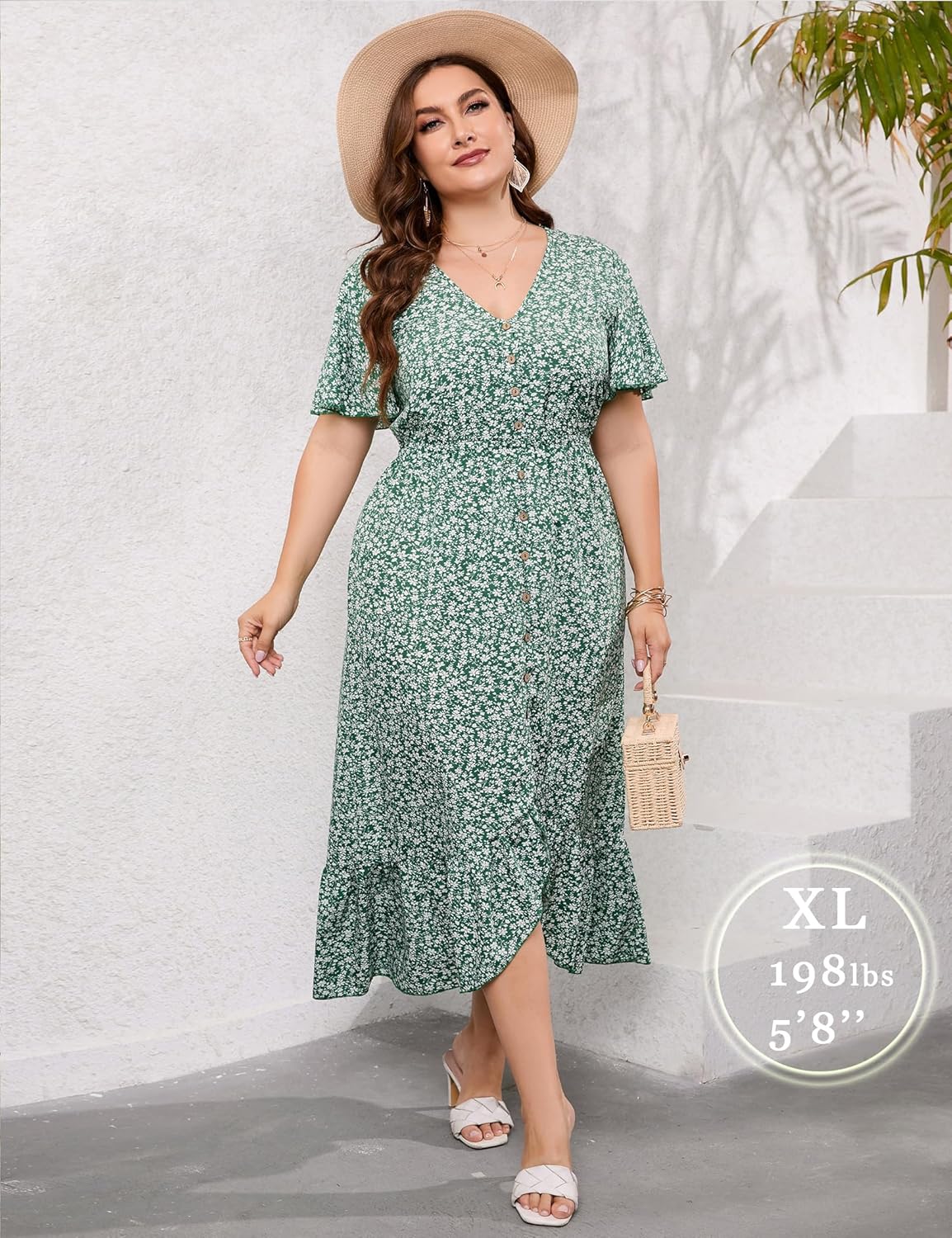 KOJOOIN Womens Plus Size Summer Dress Curvy Women V Neck Button Ruffle Hem High Low Maxi Dress - Image 2