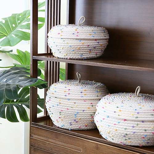 Miniatura 3 de Sea Team Cesta de almacenamiento redonda de cuerda de algodón con tapa, colorido pompón de arco iris, maceta, organizador y contenedor para